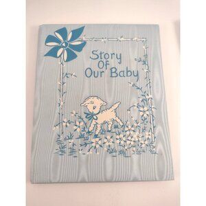 Vintage Baby Memory Book "Story Of Our Baby" Blue Satin Record Keeping UNUSED